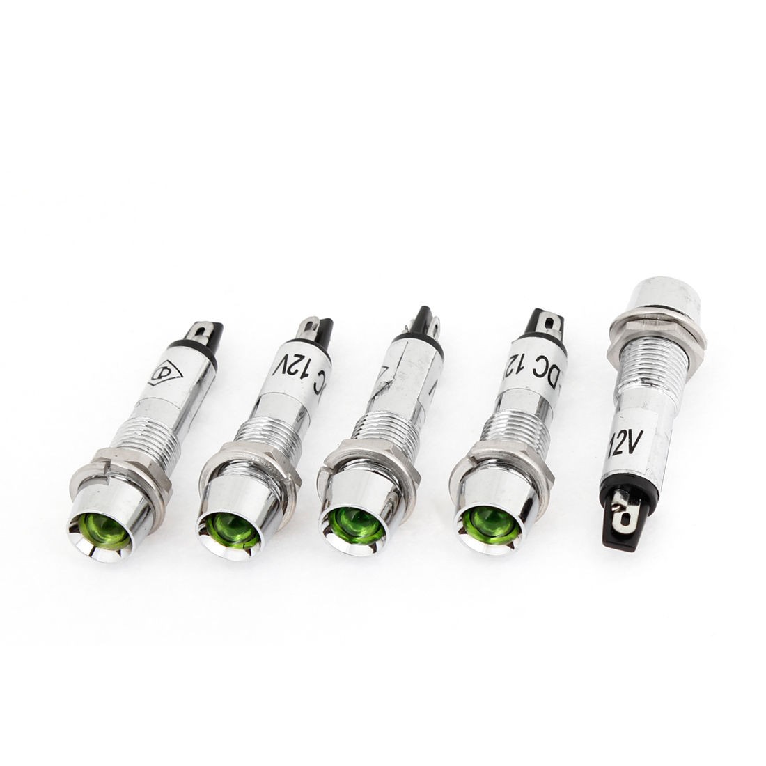 Silver Tone Metal Case Green Lamp Signal Indicator Pilot Light DC 12V 5 Pcs
