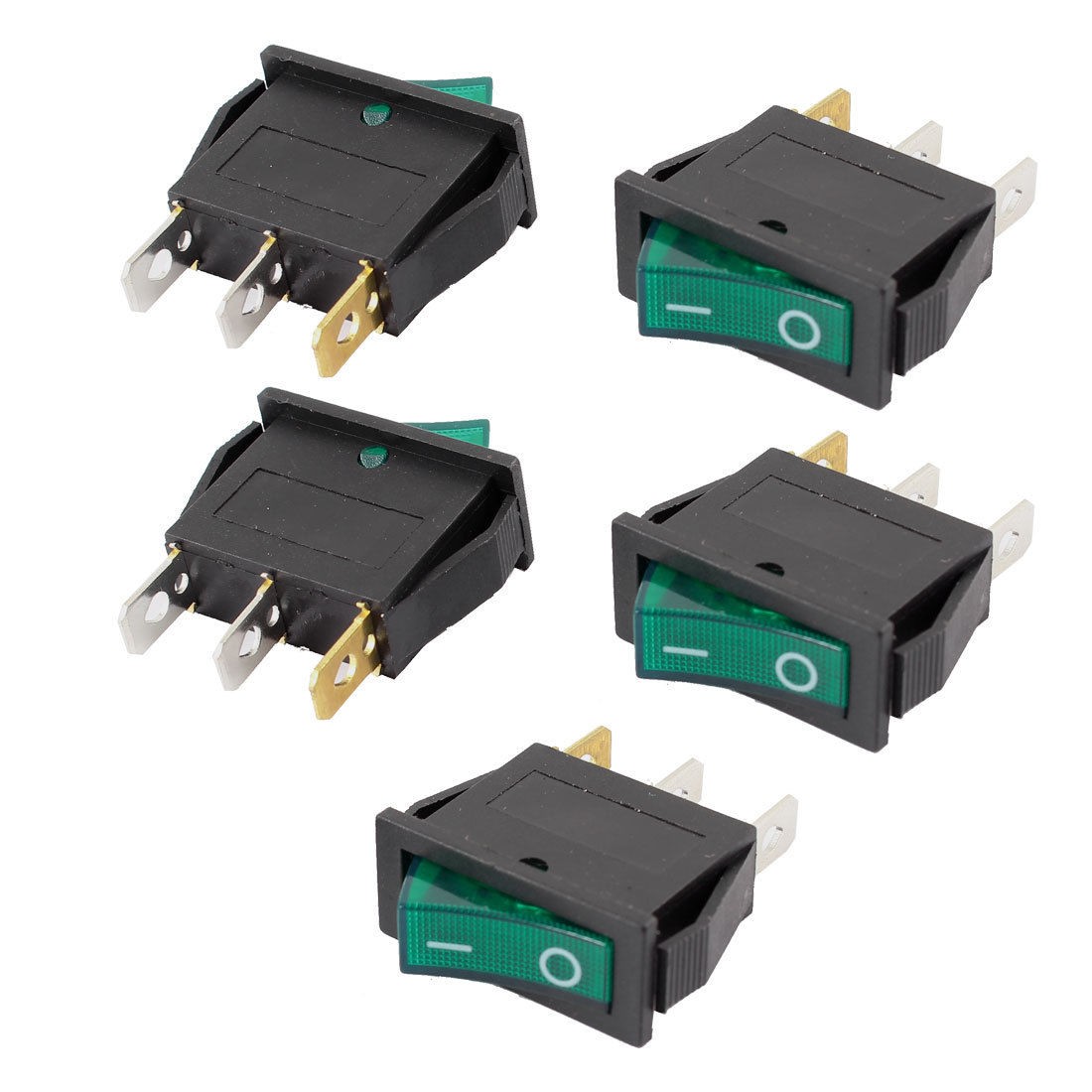 5 Pcs 3-Pin Solder Green Indicator SPST 2 Position Snap in Rocker Switch