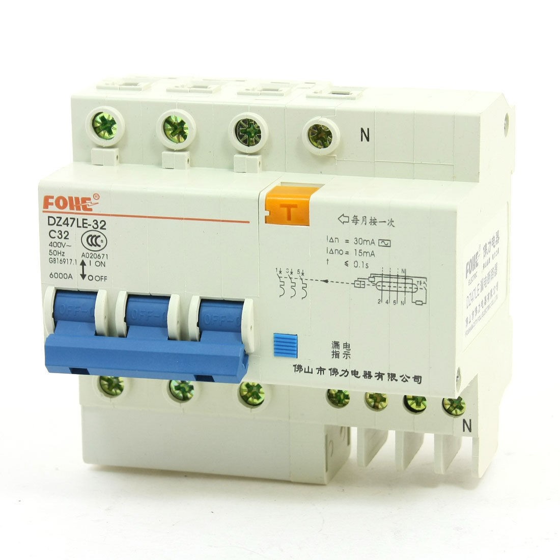 6000A Overload Protection 3P+N Circuit Breaker DZ47LE-32 400VAC 32 Amp