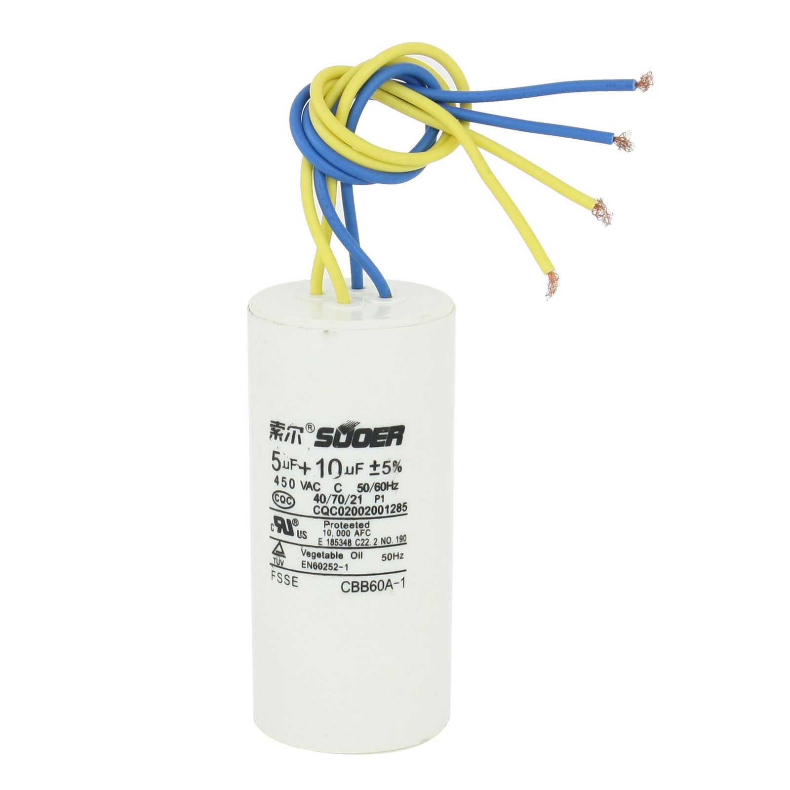 CBB60A-1 5uF+10uF 450V Wired White Polypropylene Film Motor Capacitor