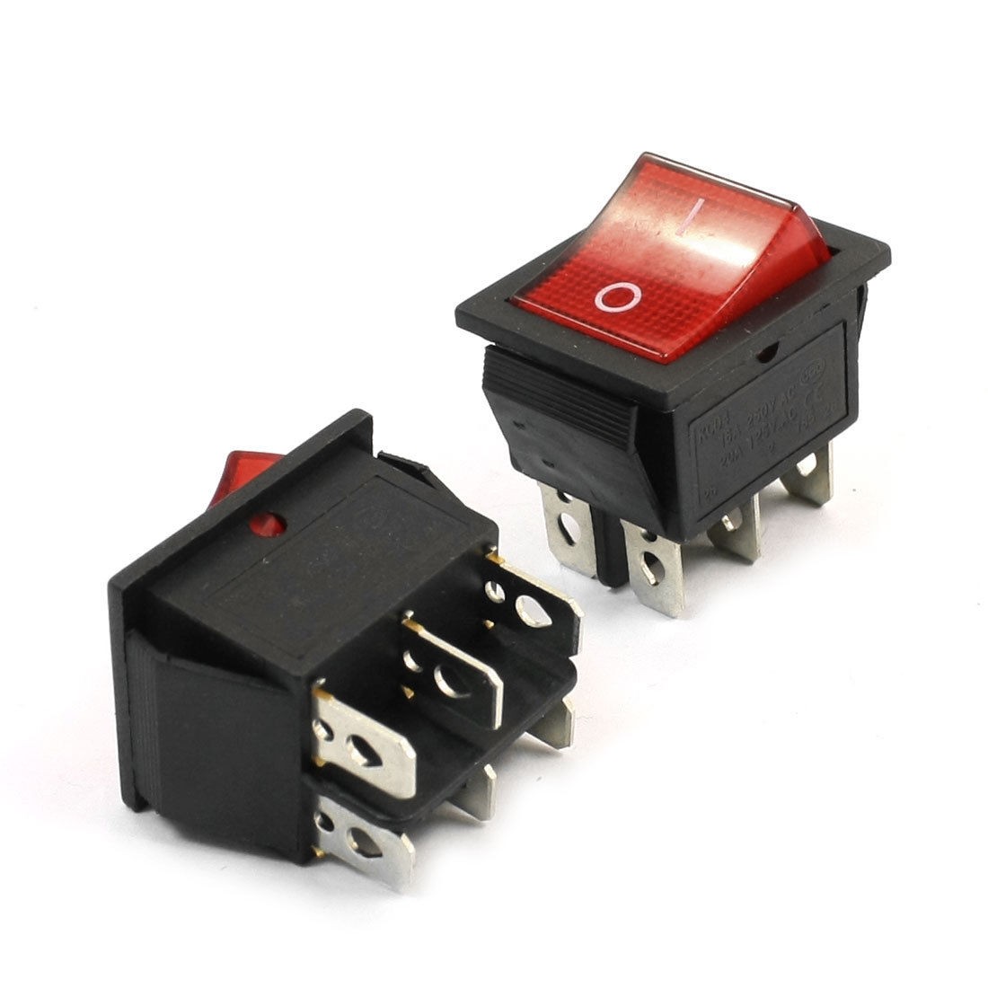 2 x Red Light Illuminated 6 Pin DPST 250VAC 16A 125VAC 20A Rocker Switch