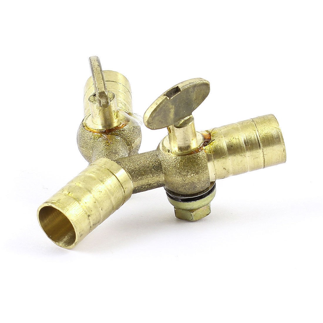 Brass Tone Three Way Double Outlet Y Shape Gas Hose Barb Control Valve