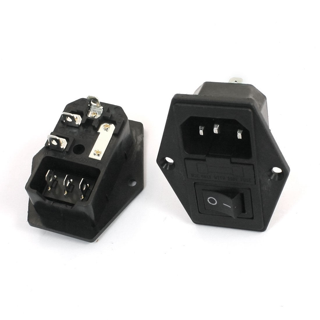 2Pcs Black 3 Pin SPDT Rocker Switch Fuse Holder IEC320 C14 Inlet Power Socket
