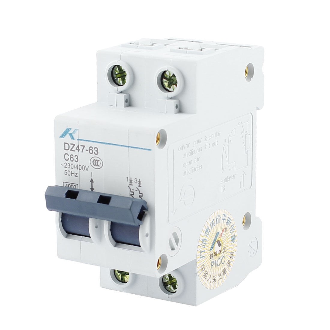AC 230/400V 63A 2 Pole Overload Protection MCB Mini Circuit Breaker DZ47-63 C 63