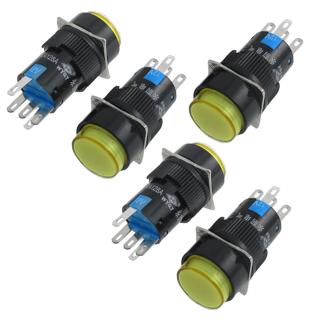 5 x DC 12V Yellow Neon Light 5P Latching 1NO 1NC Round 16mm Push Button Switch