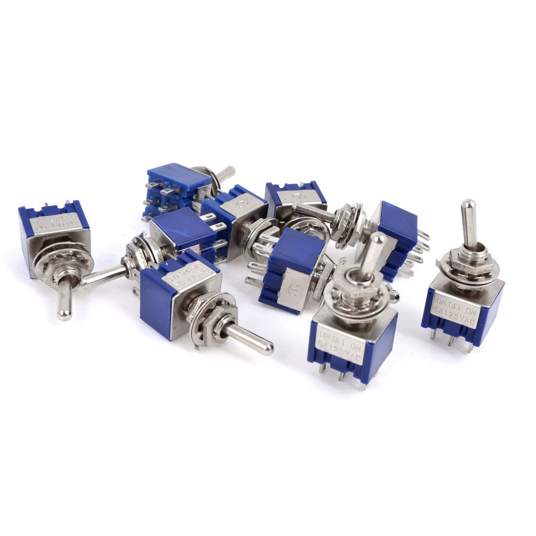 Mini AC 125V 6A 3 Position ON-OFF-ON Blue Toggle Switch 10 Pcs