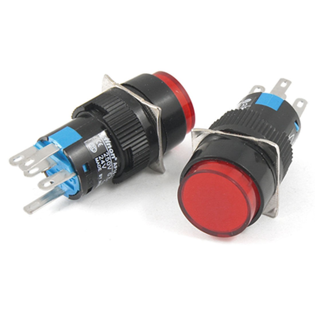 2 Pcs AC 250V Self-locking Red Round Cap Push Button Switch w Lamp
