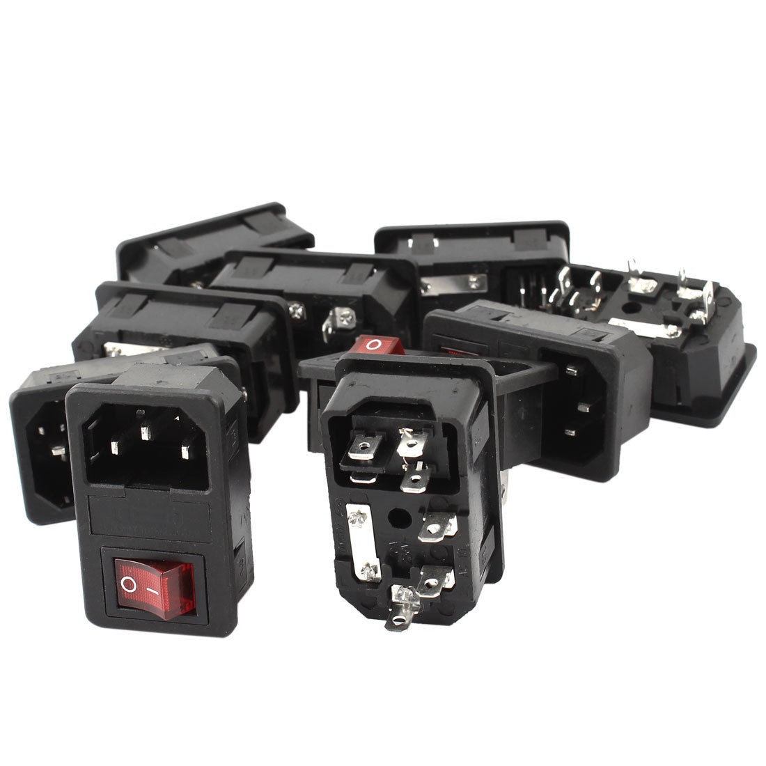 AC250V 10A DPST Red Lamp Rocker Boat Switch IEC320 C14 Inlet Socket w Fuse 10Pcs