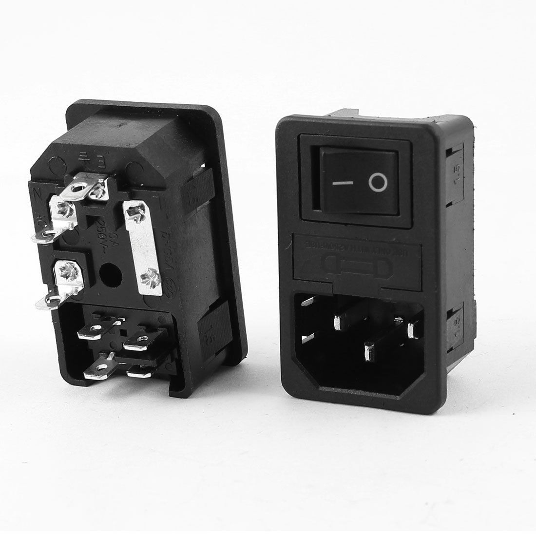 AC 250V 10A 4-pin 2PST Rocker Switch IEC320 C14 Power Inlet Socket w Fuse 2Pcs