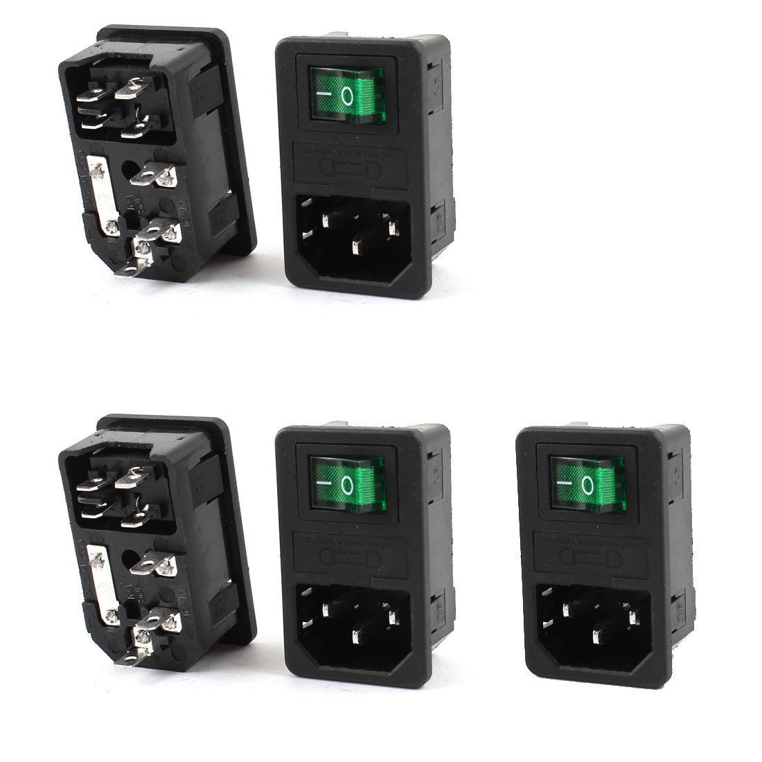 AC 250V 10A IEC 320 C14 Inlet Socket w Fuse w Green Light Rocker Switch 5Pcs
