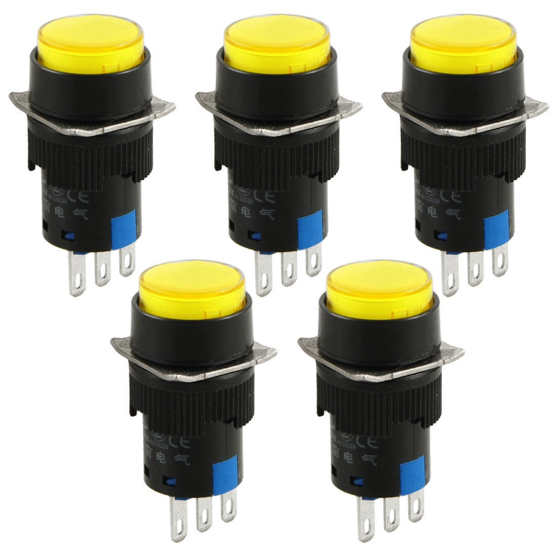 5 Pcs AC 250V 5A 1NO 1NC Round Yellow Latching Push Button Switch