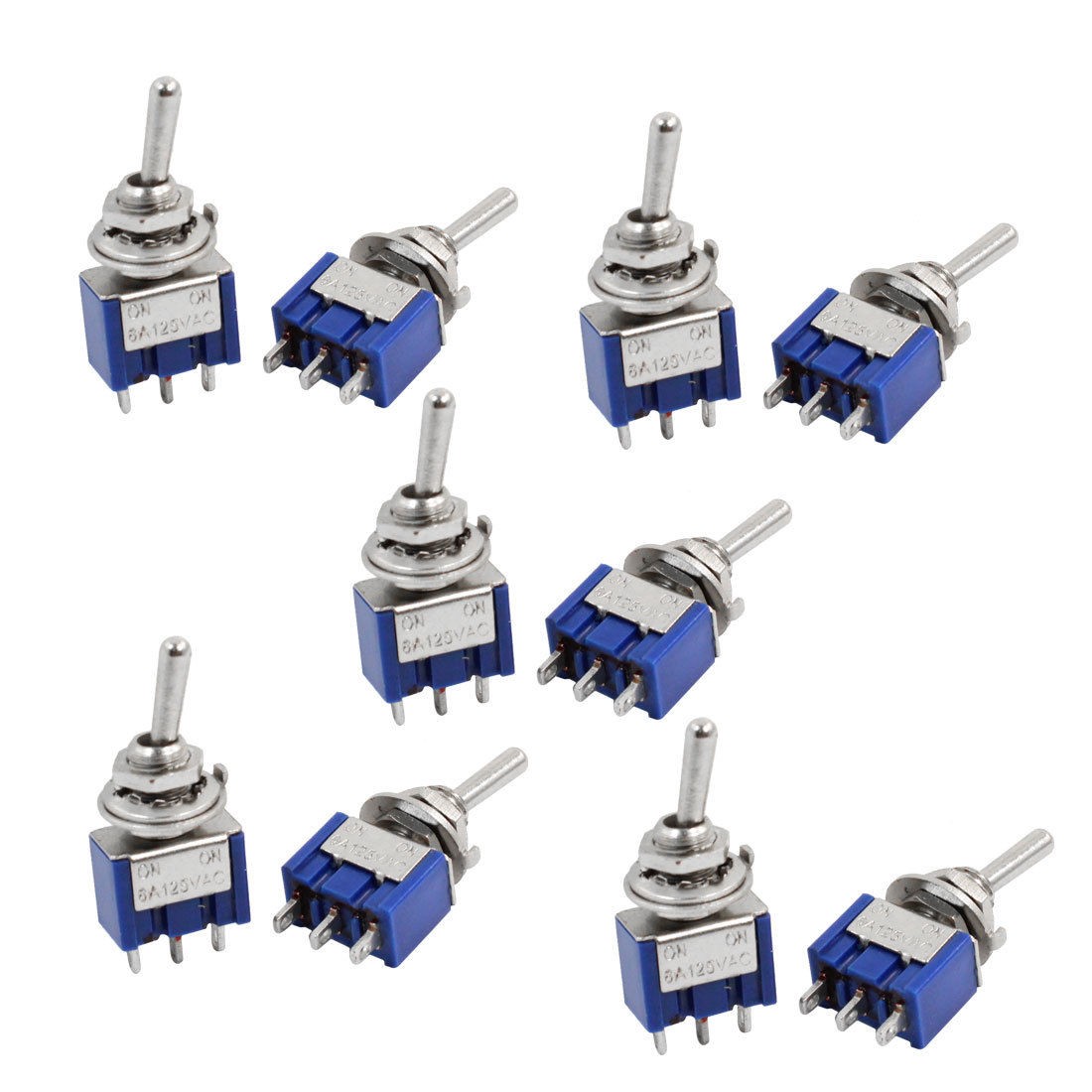 10pcs Self Locking Miniature Toggle Switch Blue 3 Pin SPDT On/On AC125V 6A