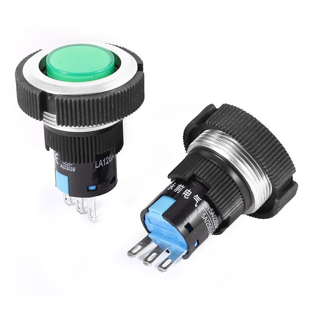 2 Pcs AC220V 5A Panel Mount SPDT 1NO 1NC Latching Pushbutton Switch Green