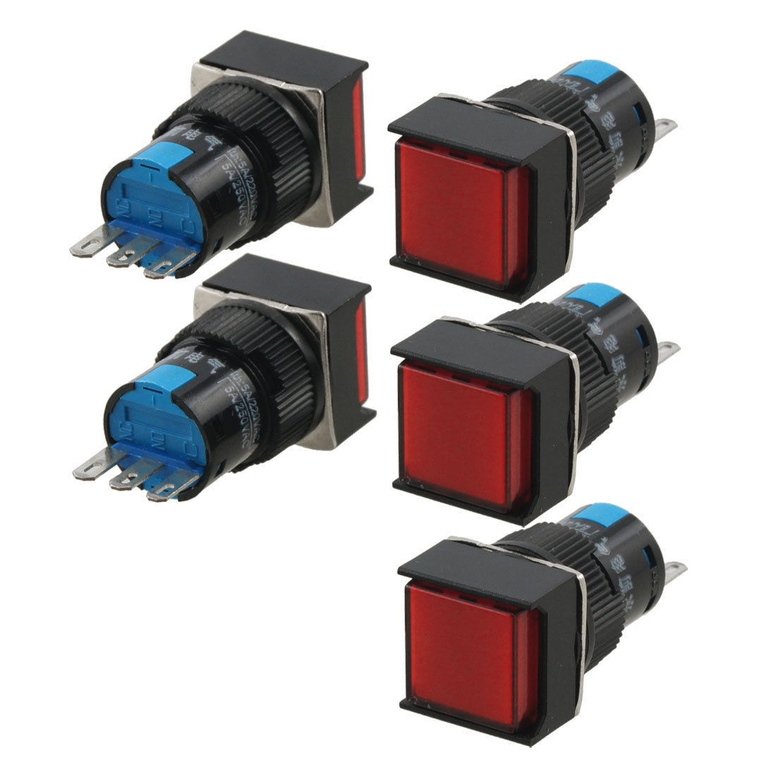 5 Pcs AC 250V 5A Red Square SPDT Self Locking 3P 16mm Push Button Switch