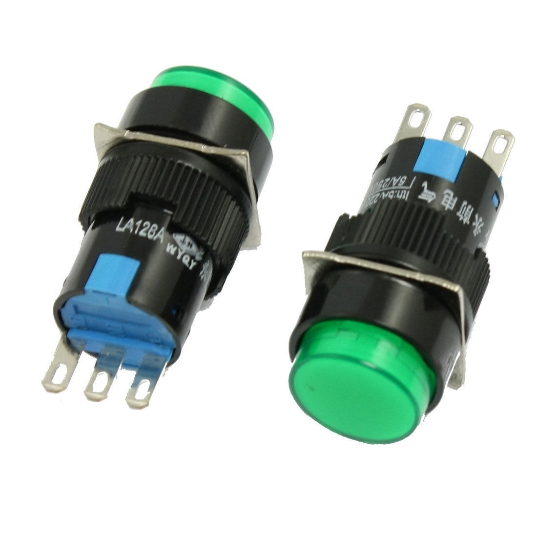 2 Pcs 3 Pin Momentary 1NO 1NC Green Round Push Button Switch AC 250V 5A