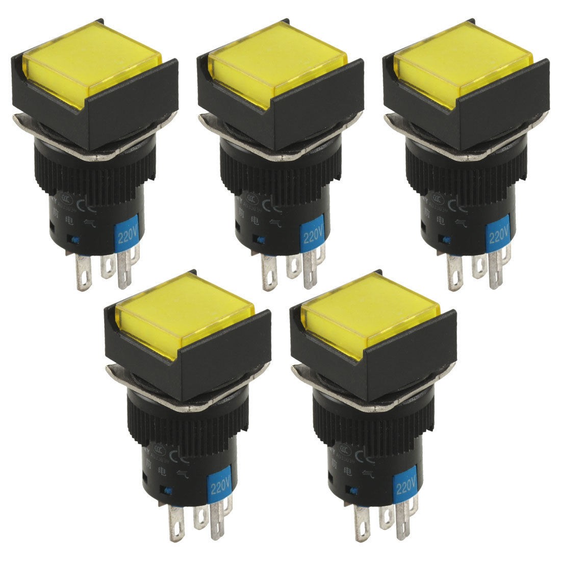 5 Pcs Yellow Lamp Latching 1NO 1NC Square Panel Push Button Switch AC 220V