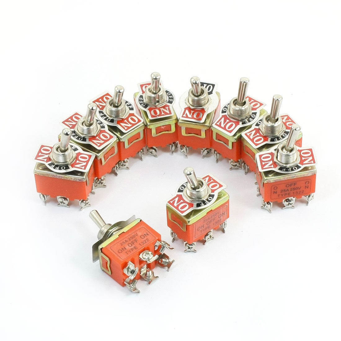 250V 25A ON-OFF-ON 3 Position DPDT Rocker Type Toggle Switch 10 Pcs