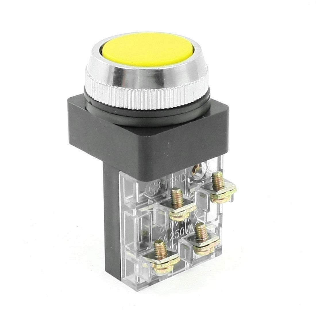 250VAC 6A 1NO+1NC Yellow Flat Cap 4-Terminals Push Botton Switch