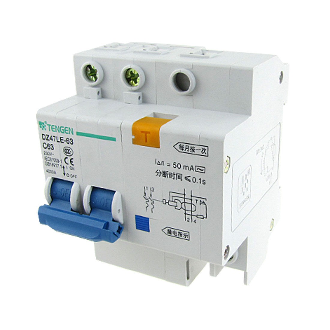 4000A Breaking Capacity 2P+N Earth Leakage Circuit Breaker AC 230V 63A