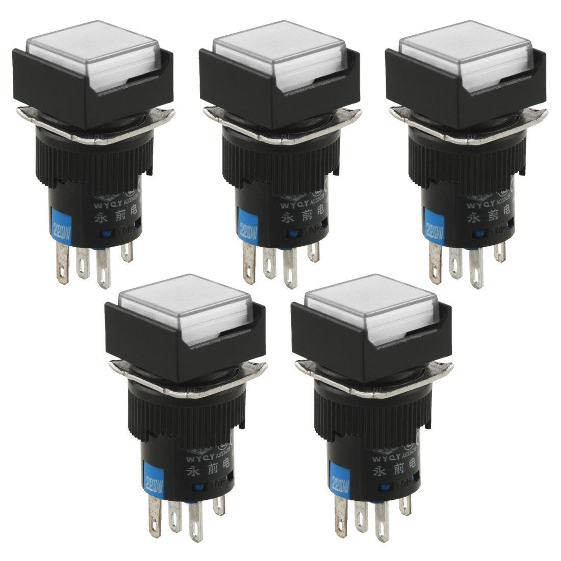 5 Pcs White Lamp Latching 1NO 1NC Square Panel Push Button Switch AC 220V