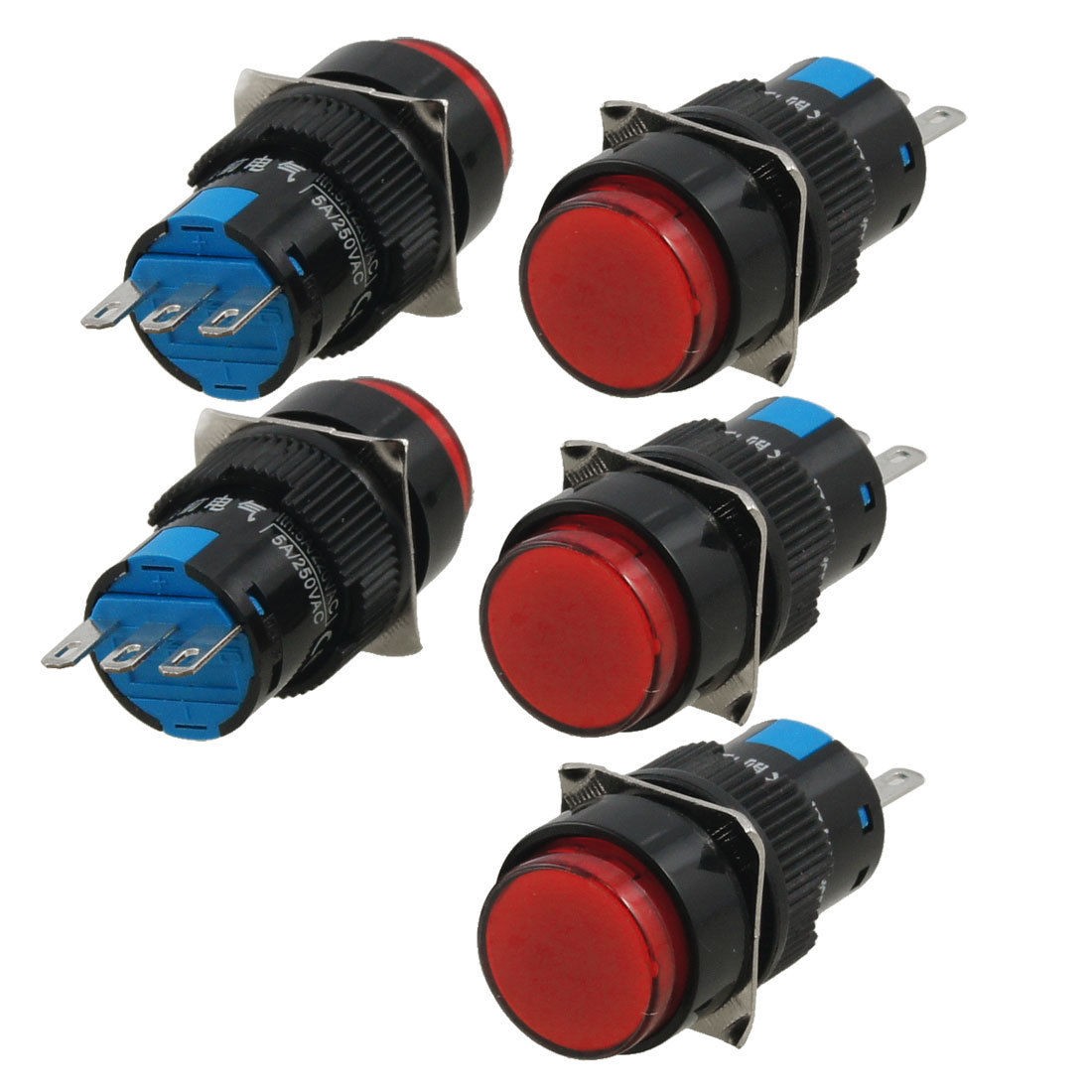 5 Pcs 1NO 1NC SPDT Self Locking Red Round 16mm Push Button Switch AC 250V 5A