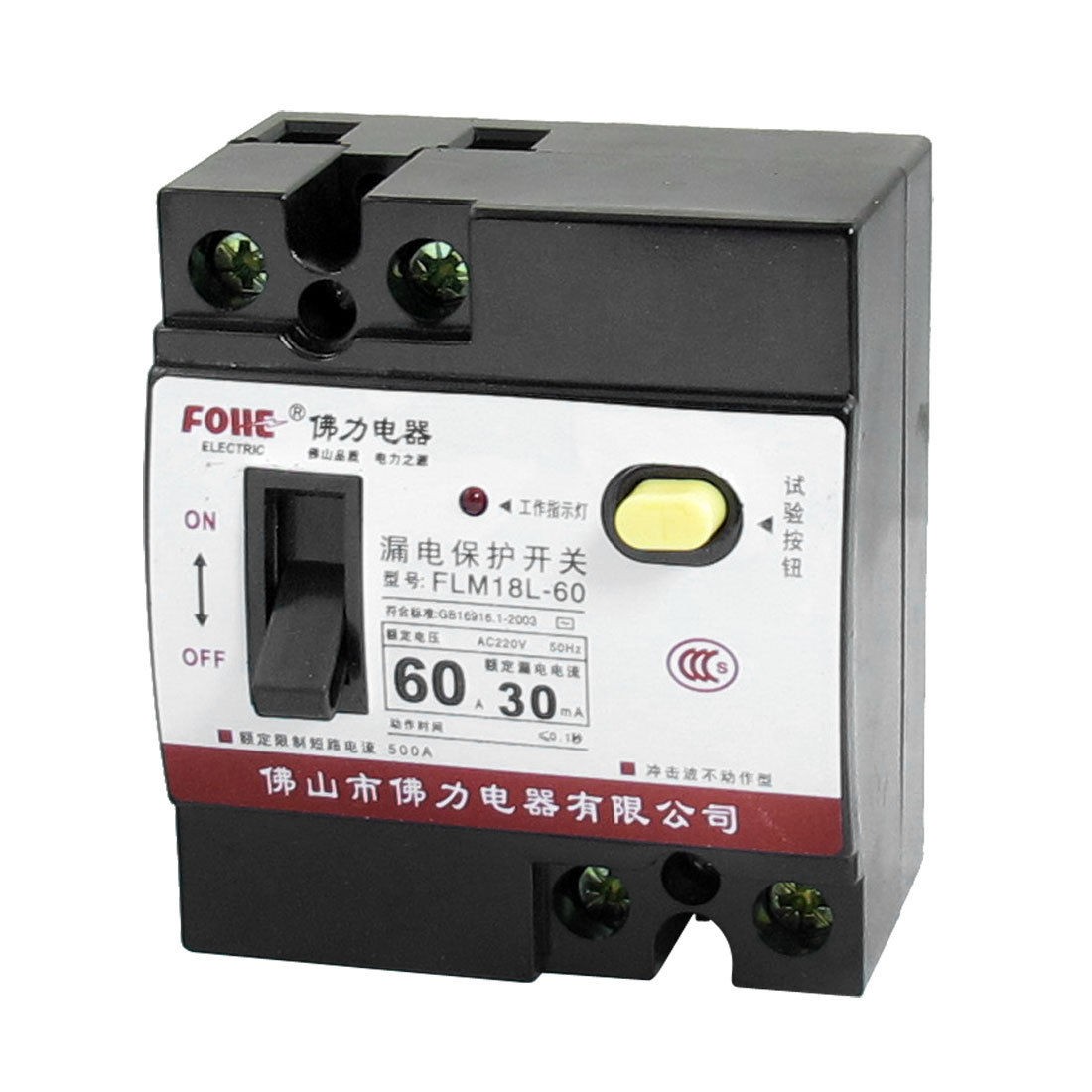 AC 220V 60A 2 Pole 2P On/Off Switch Earth Leakage Circuit Breaker FLM18L-60