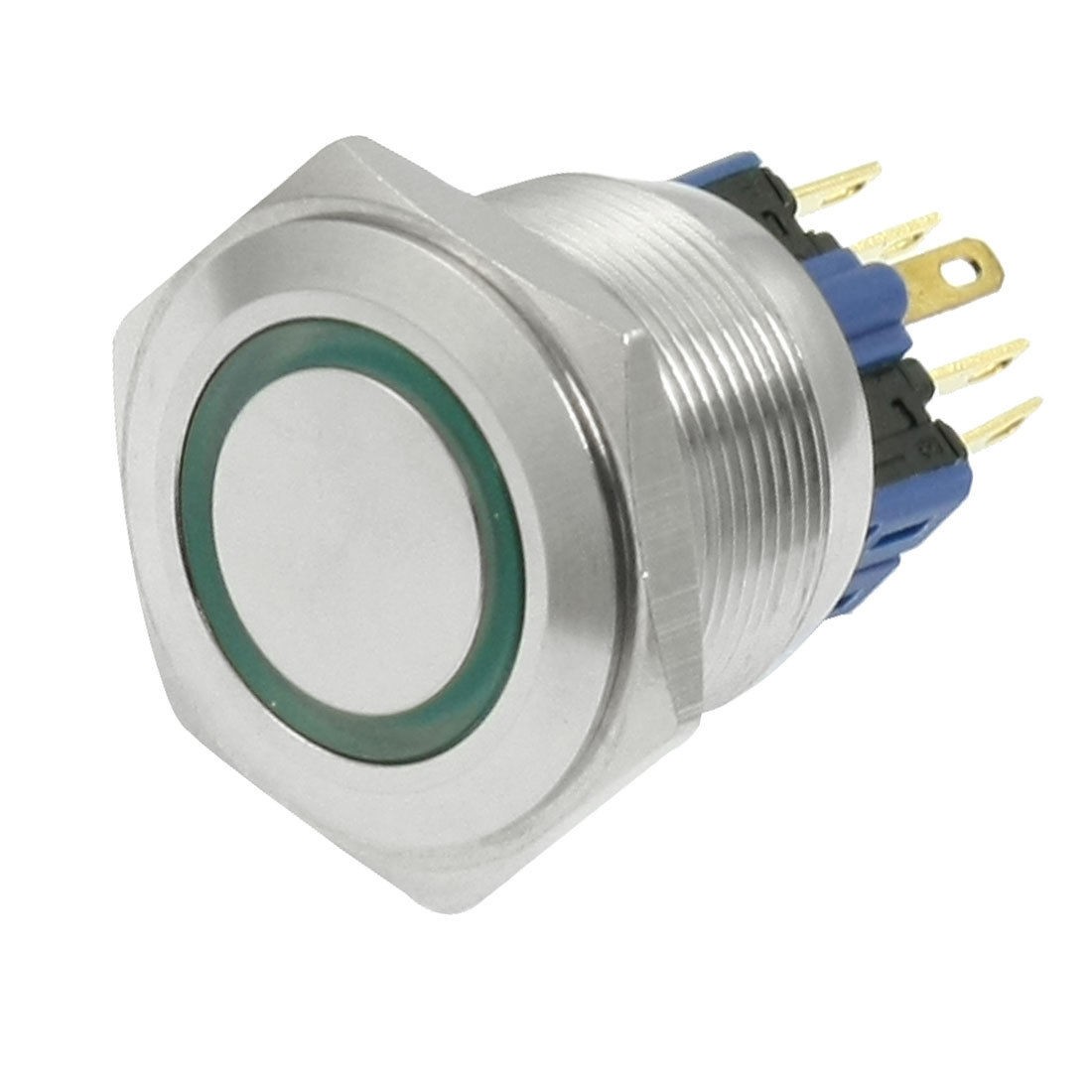 25mm Thread Green Lamp Momentary Stainless Push Button Switch 6 Pins
