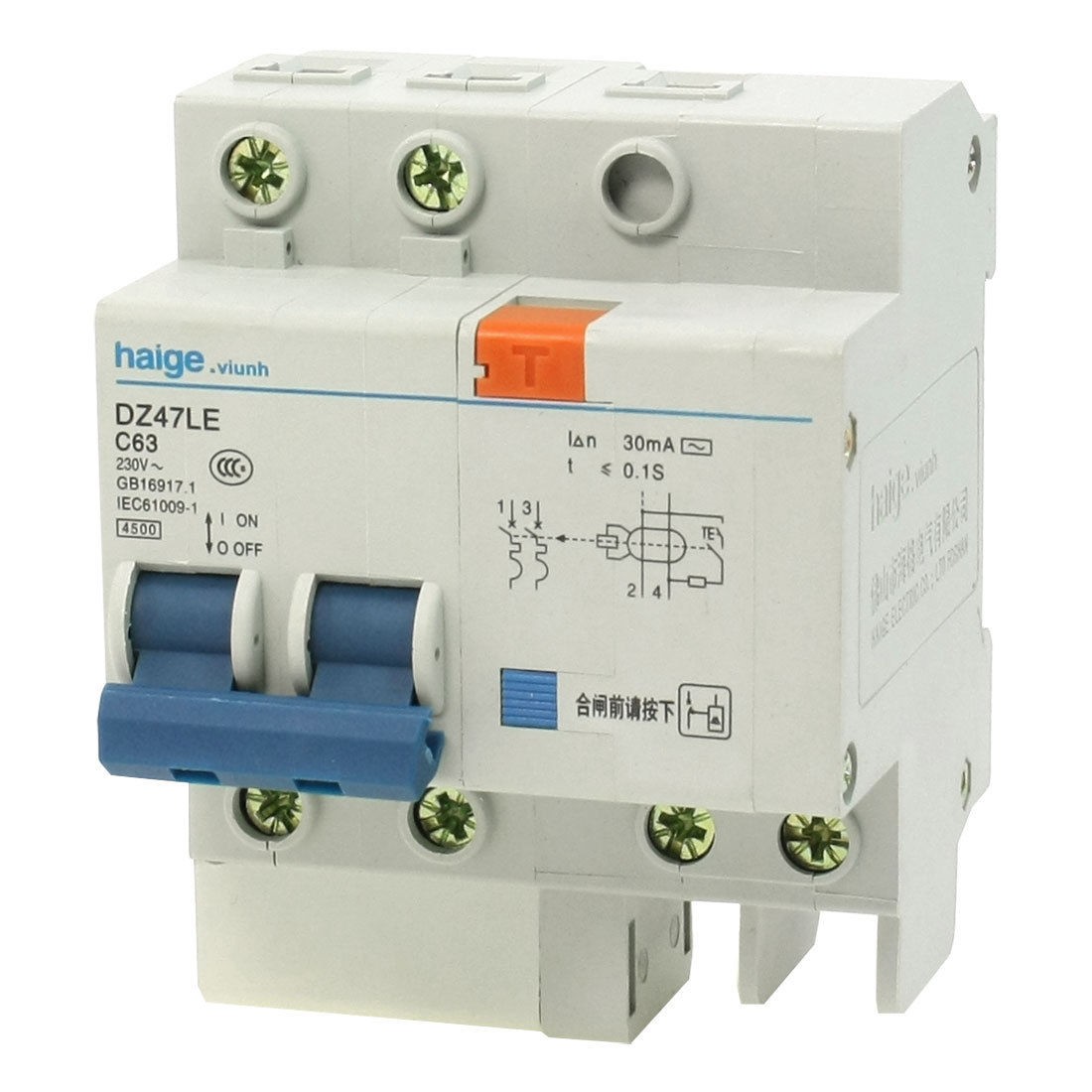 Overload Protection 2 Pole Earth Leakage Circuit Breaker AC 230V 63A