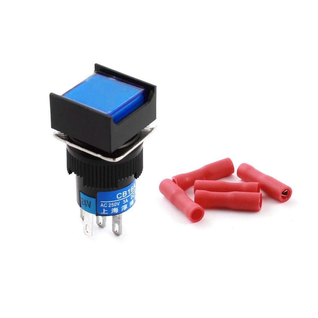 DC 24V Blue Lamp Locking Square Push Button Switch + Insulated Crimp Terminal