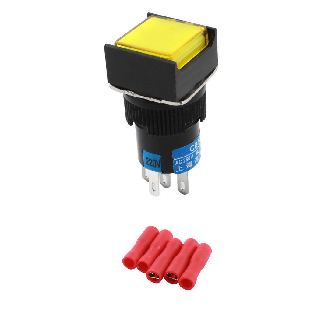 AC220V Yellow Light Momentary Rectangle Pushbutton Switch w Wiring Terminals
