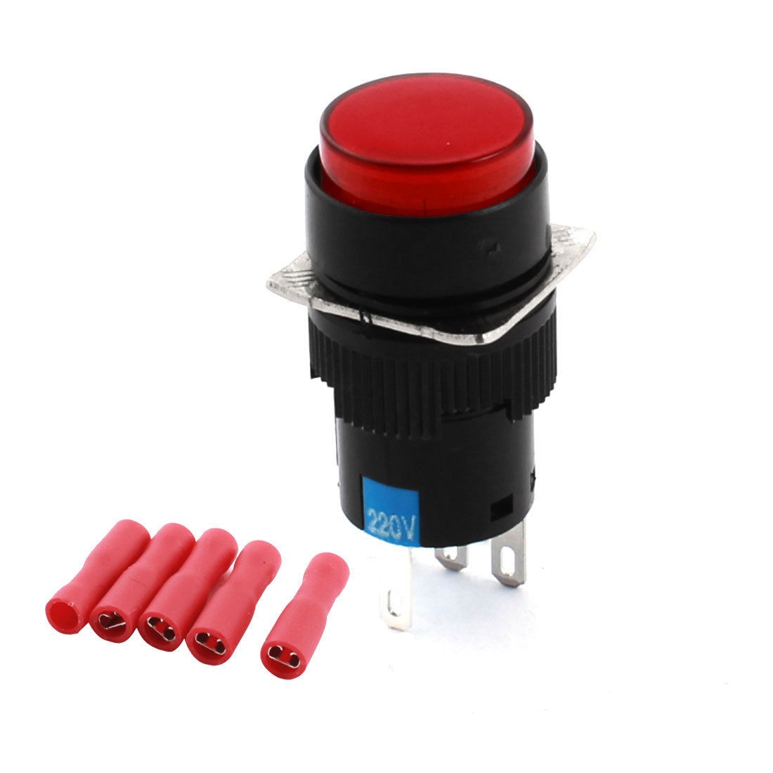 AC 220V Red Indicator Panel Mount SPDT Latching Pushbutton Switch + Terminals