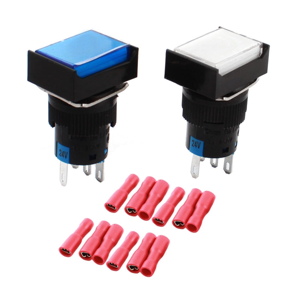 2Pcs DC24V Light SPDT Momentary Rectangle Pushbutton Switch w Crimp Connectors