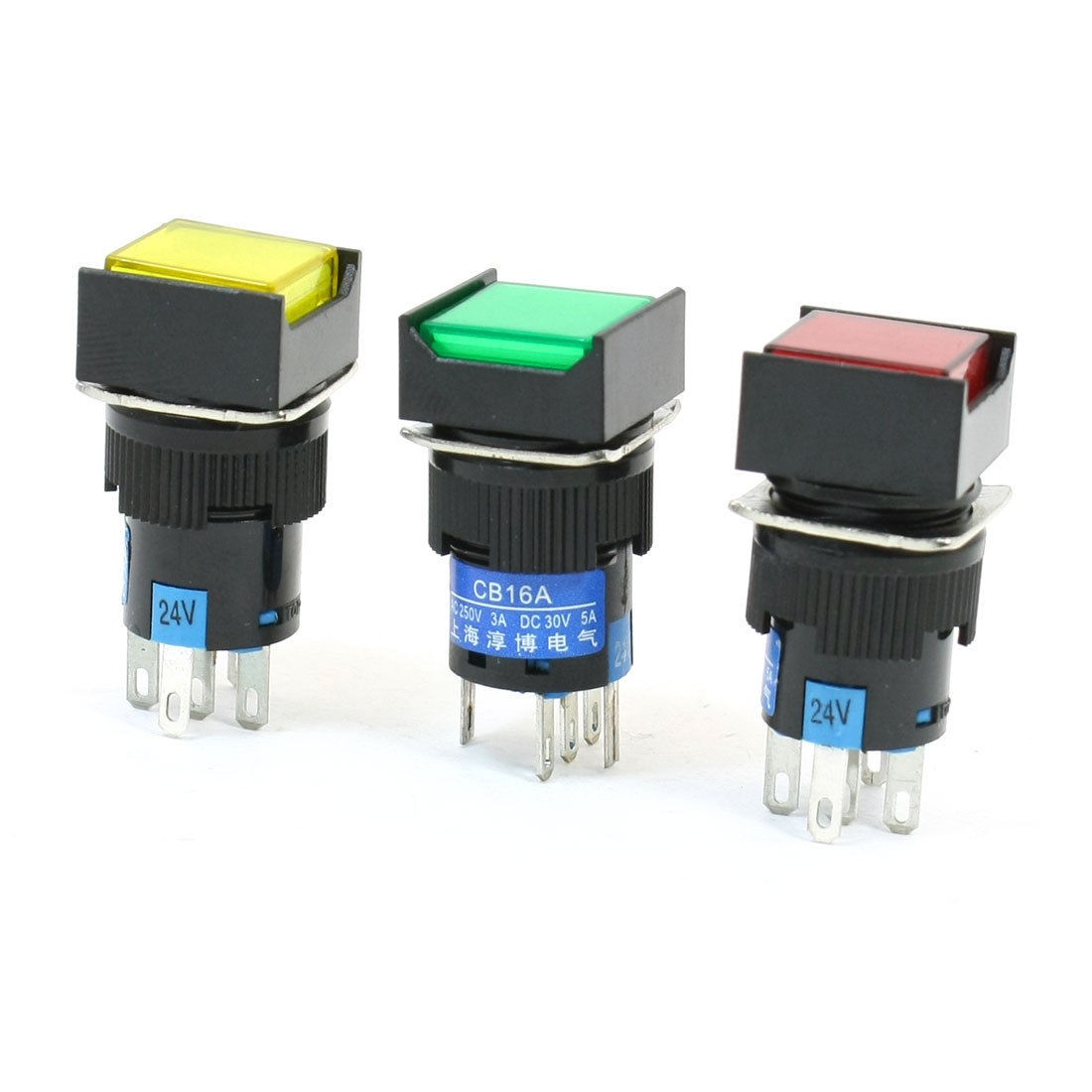 3Pcs NO NC Red Green Yellow Sign Square Latching Push Button Switch DC 24V