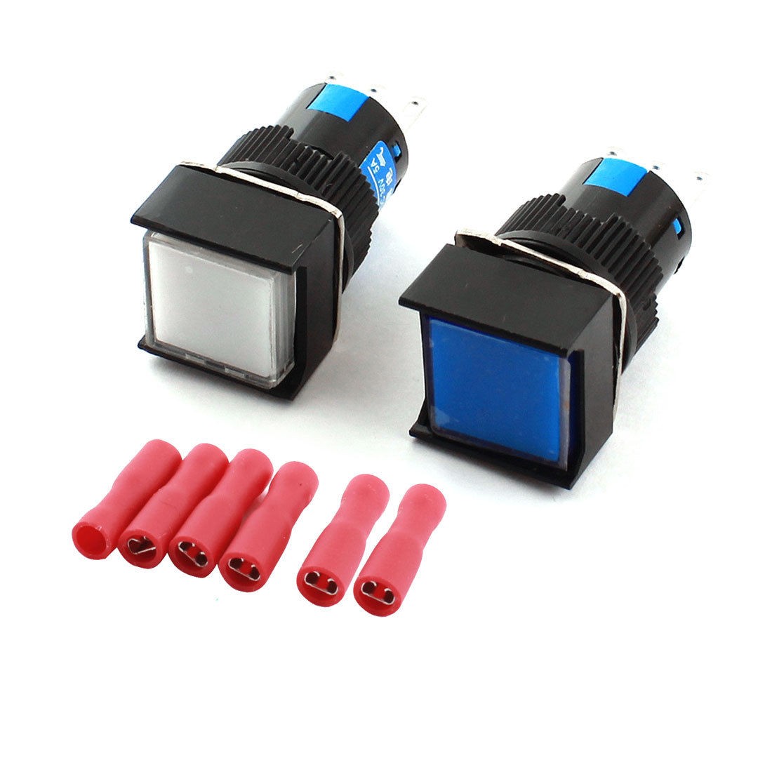 2pcs White Blue Button SPDT Locking Push Button Switch + 6pcs Crimp Connectors