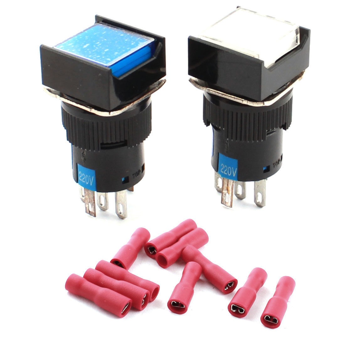 2Pcs AC220V Light SPDT Locking Rectangle Pushbutton Switchs w Female Connectors