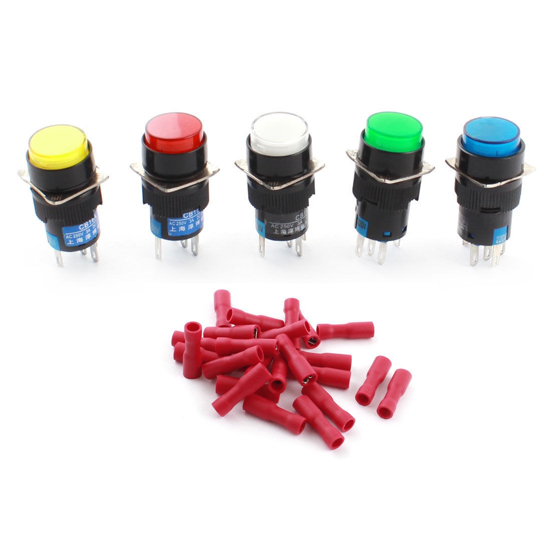 5Pcs AC220V Pilot Light Momentary Round Pushbutton Switch w Wiring Terminals