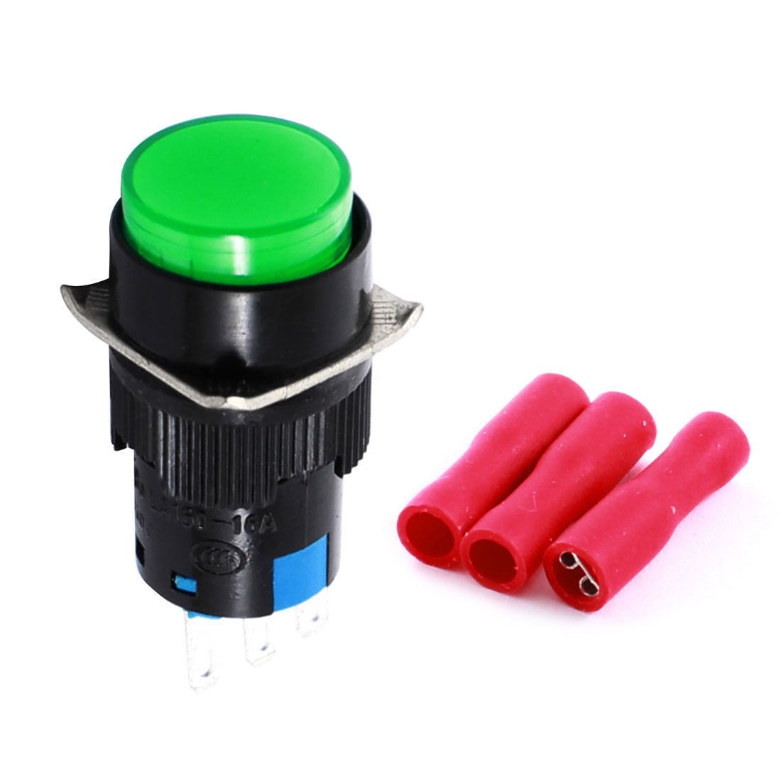 Green 3Pins SPDT Momentary Round Pushbutton Switch w Crimp Terminals