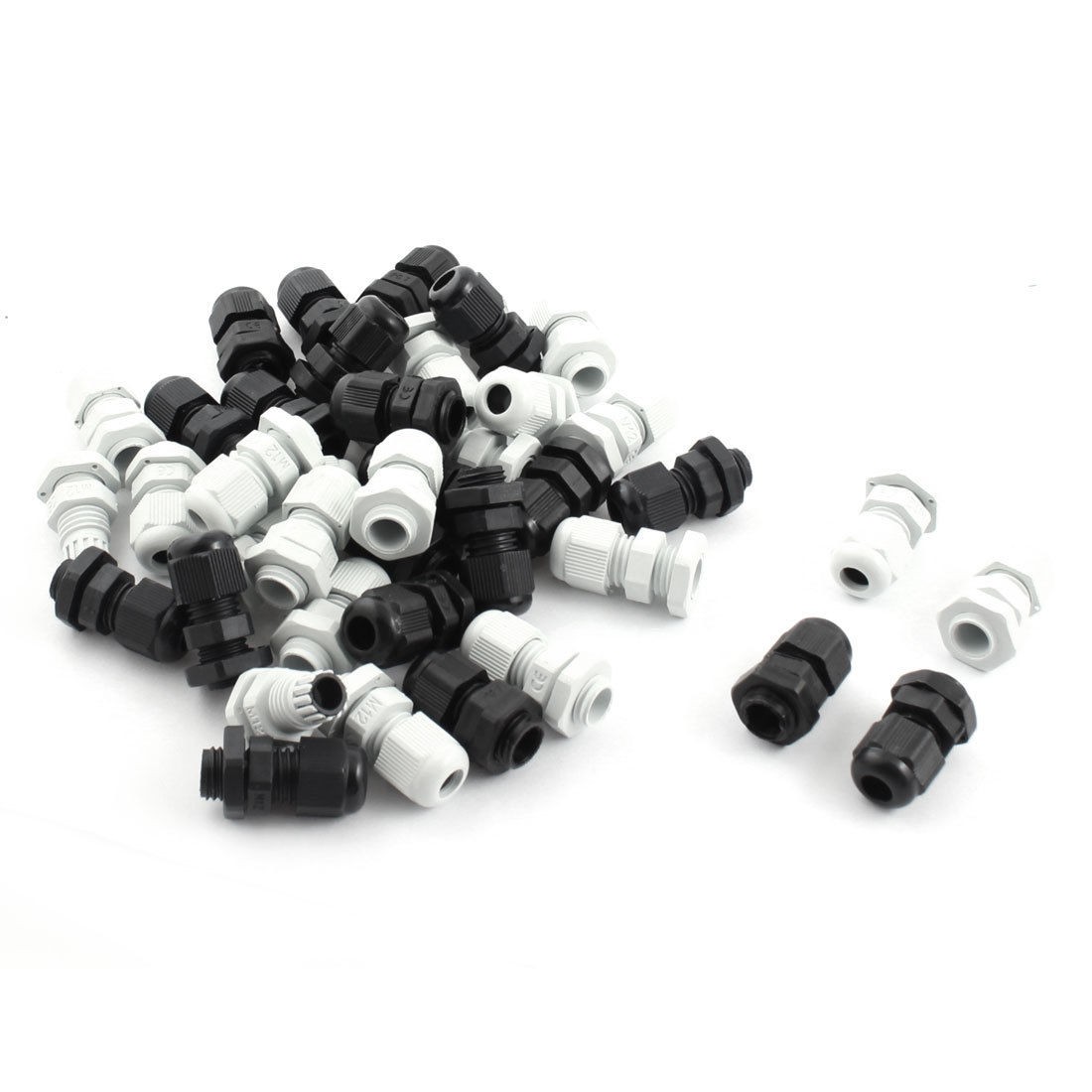40 x M12 Locknut Thread Type Black White Plastic Waterproof Cable Gland 3-6.5mm