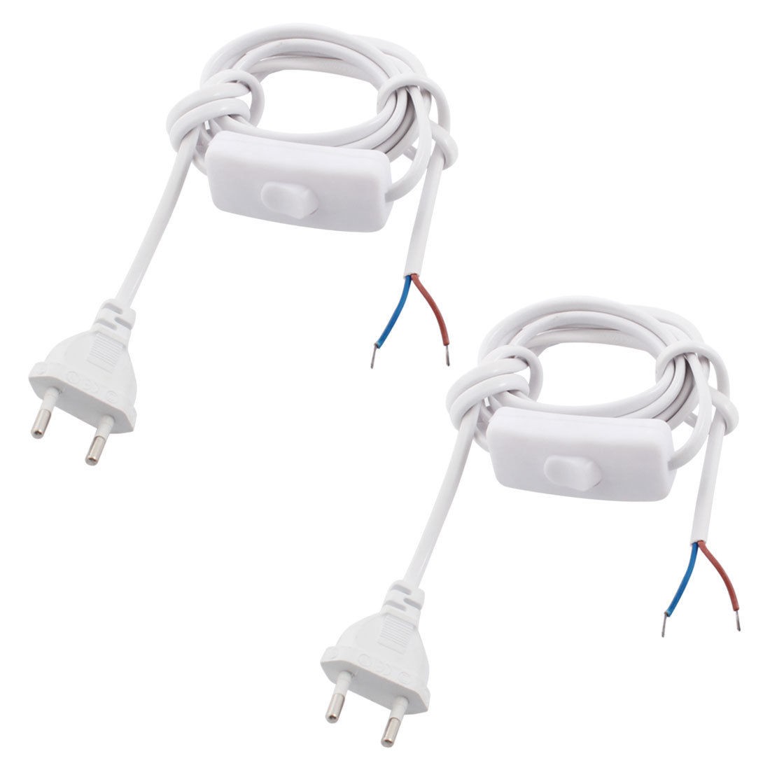 2Pcs White EU Plug Lamp Power Cord Inline Button Switch 1.8M AC110V AC250V