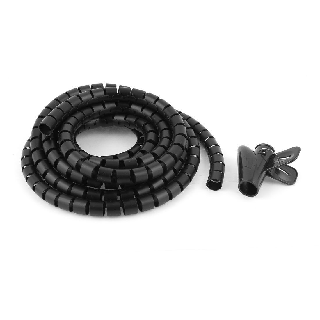 3 Meter 10ft 15mm Inner Dia Black Spiral Bands Cable Organizer Wrap w Wire Clip