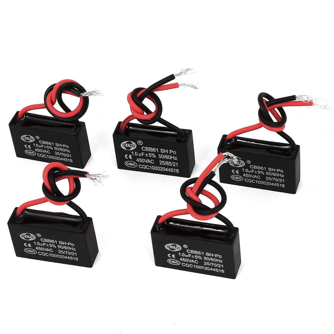CBB61 AC 450V 1uF Rectangle Double Wire Fan Motor Running Capacitor Black 5pcs