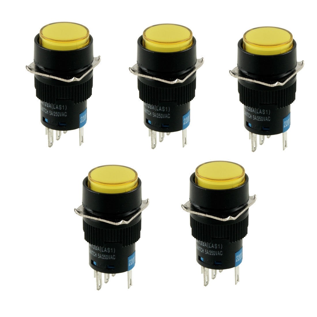 5 Pcs AC 220V Yellow Lamp Round Latching 1NO 1NC Push Button Switch Fmyaw