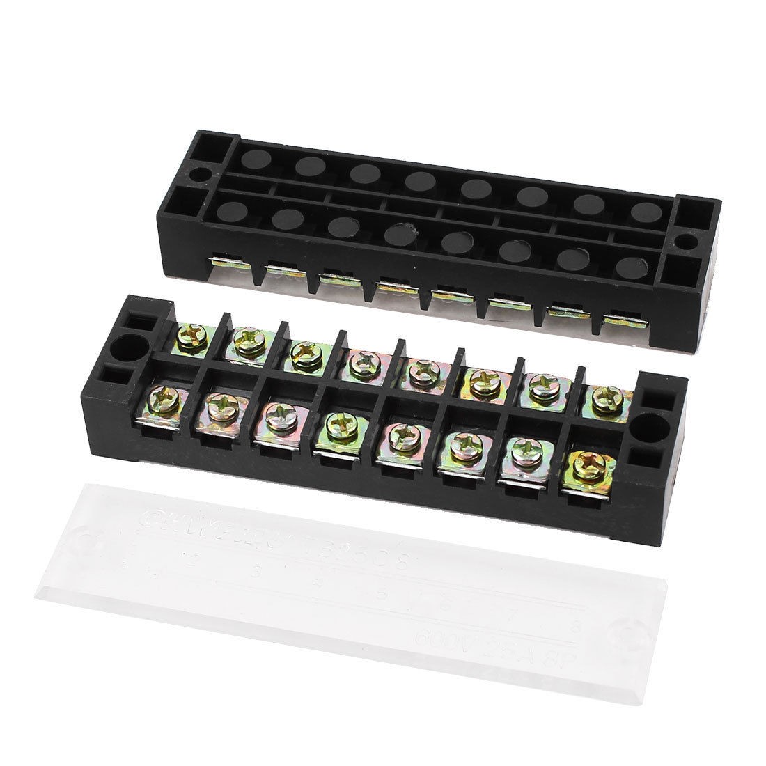 2 x Clear Cover Dual Rows 8 Position Screw Terminal Barrier Block Black 600V 25A