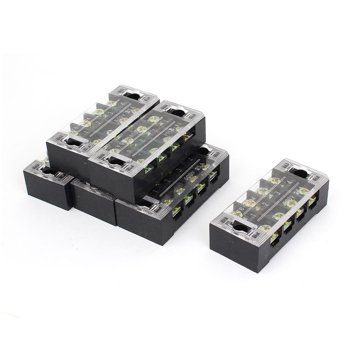 6 Pcs 600V 25A 4 Positions 4P Double Rows Covered Barrier Screw Terminal Block