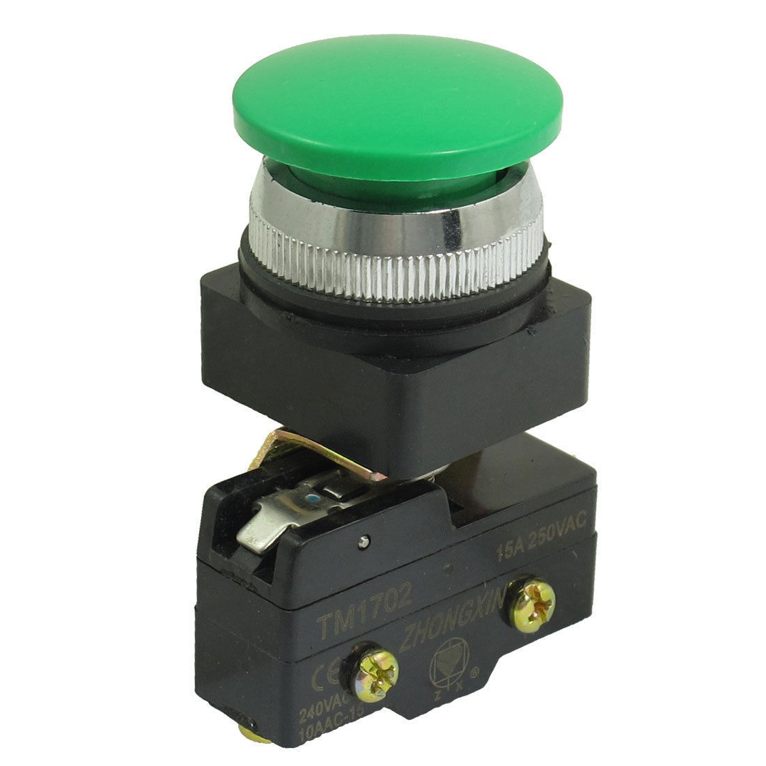 AC 250V 15A 1NO 1NC 30mm Thread Momentary Green Mushroom Button Micro Switch