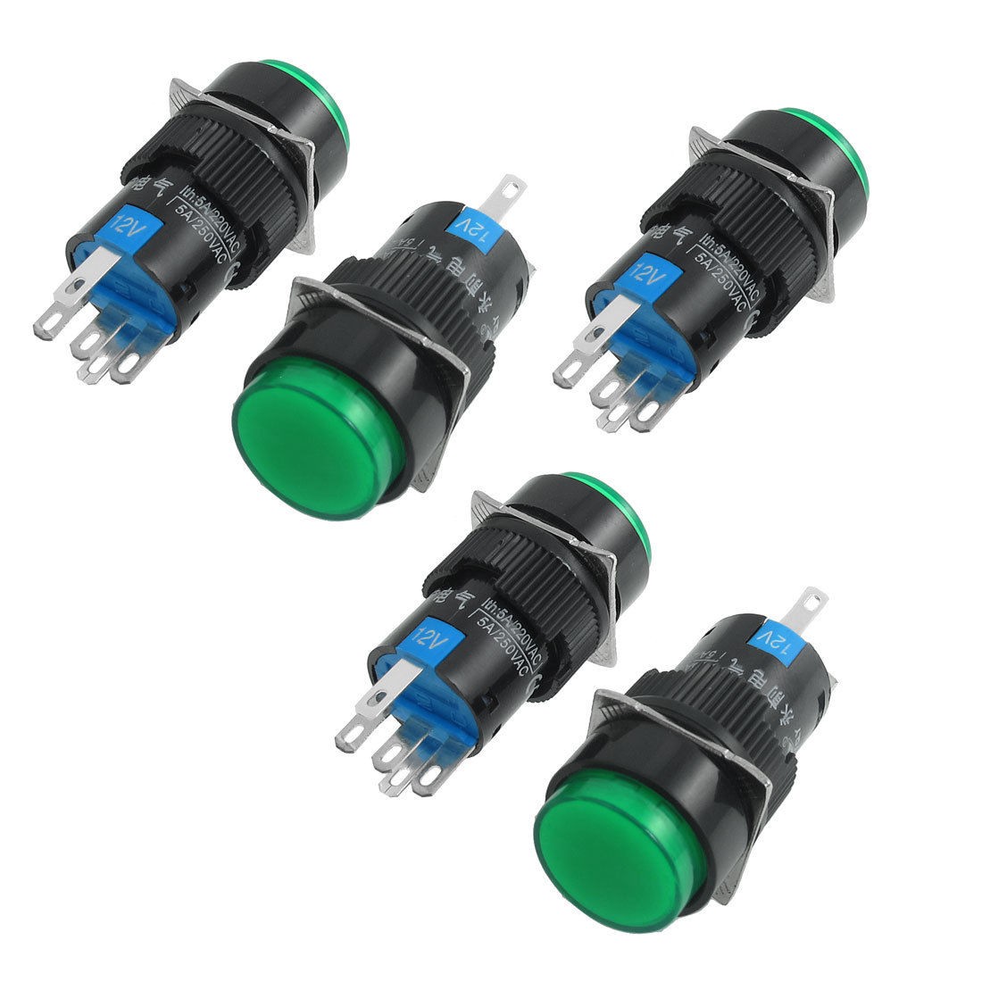 5 x DC 12V Green Neon Light 5 Pins Latching 1NO 1NC Round Push Button Switch