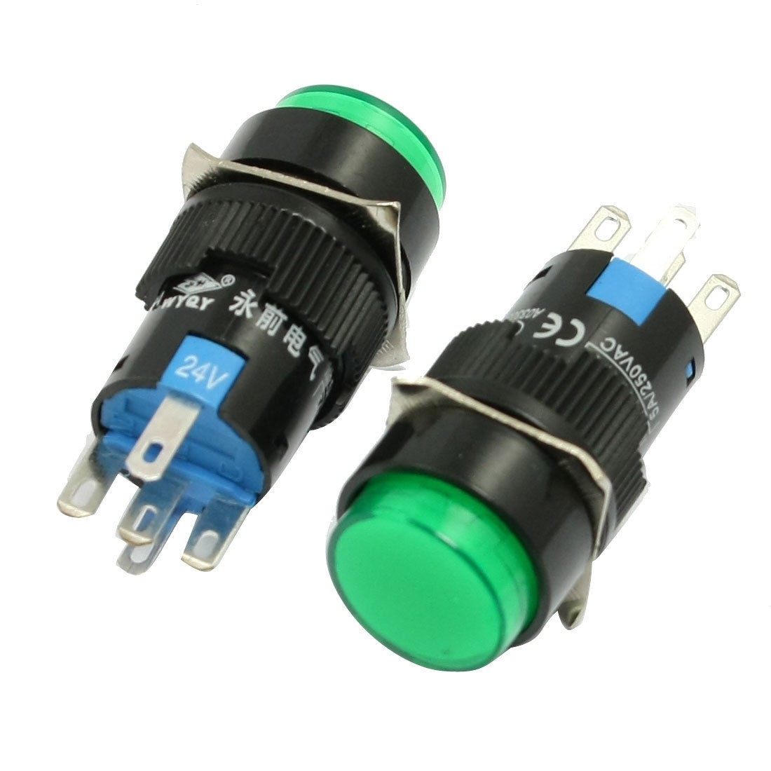 2 Pcs DC 24V Green Lamp Round Cap 1NO 1NC Momentary Push Button Switch