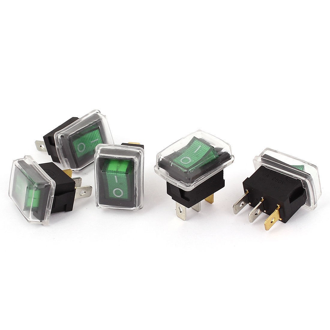 AC 250V 6A 125V 10A SPST on Off 3 Pin Green Light Waterproof Rocker Switch 5pcs