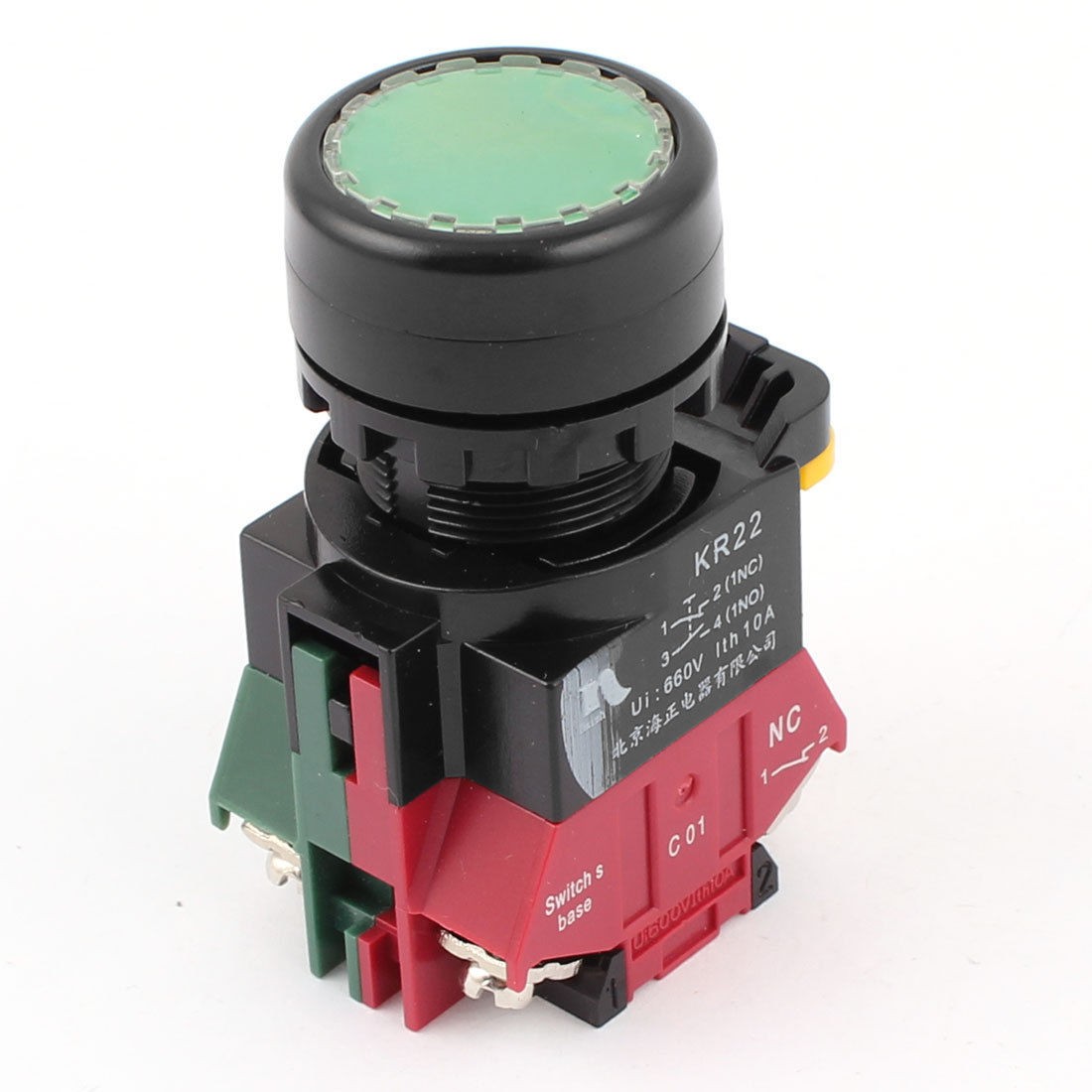 660V 10A 4 Screw Terminals Latching DPST 1NO 1NC Green Flat Push Button Switch