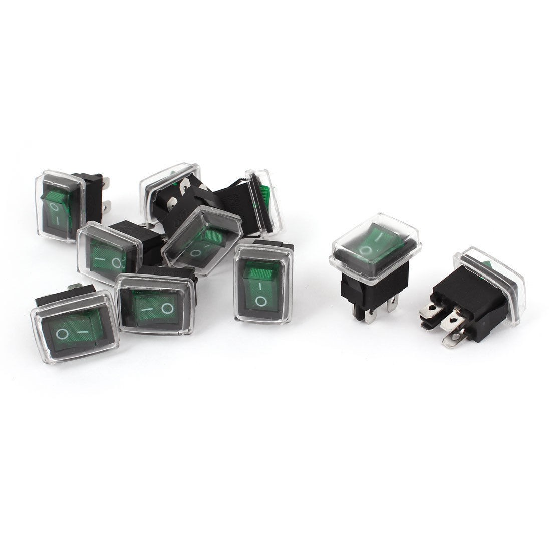 AC 250V 6A 125V 10A DPST on Off 4 Pin Green Light Waterproof Rocker Switch 10pcs
